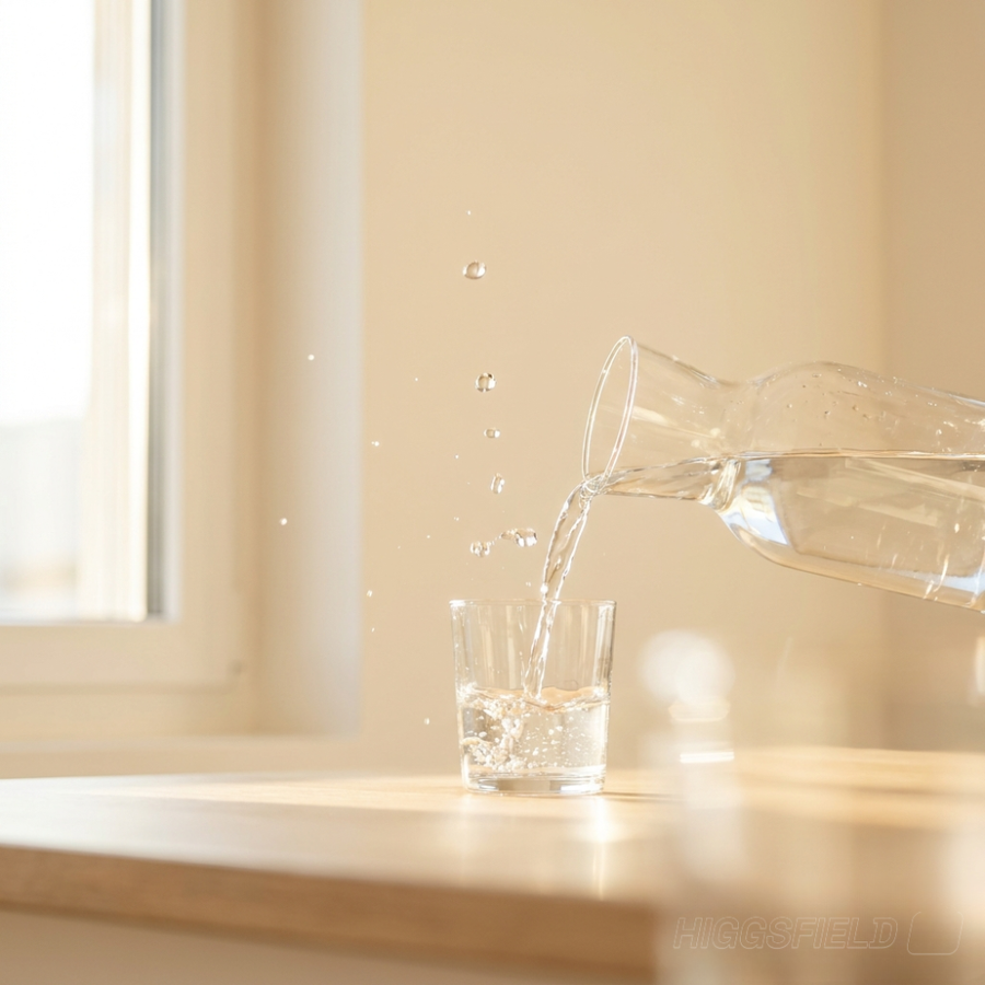 Glas kristallklares Wasser auf cremefarbenem Hintergrund — moderne Hydration braucht mehr als Wasser