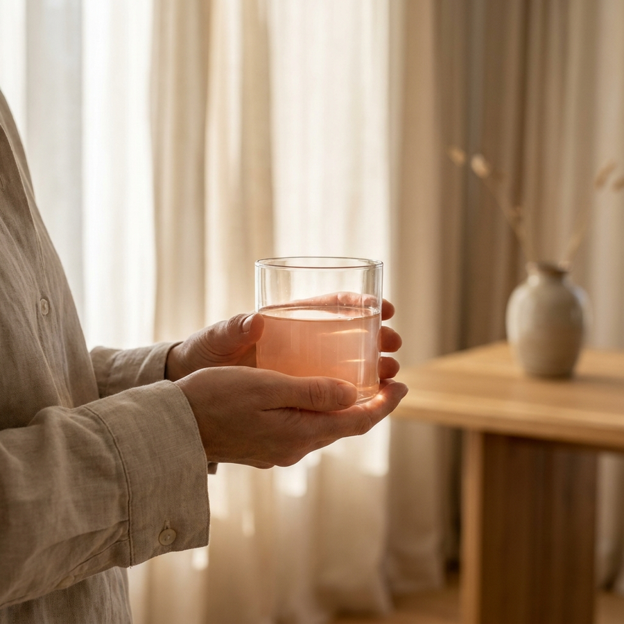 Hände halten ein leicht getöntes Glas Wasser im Morgenlicht — tägliches Hydrationsritual