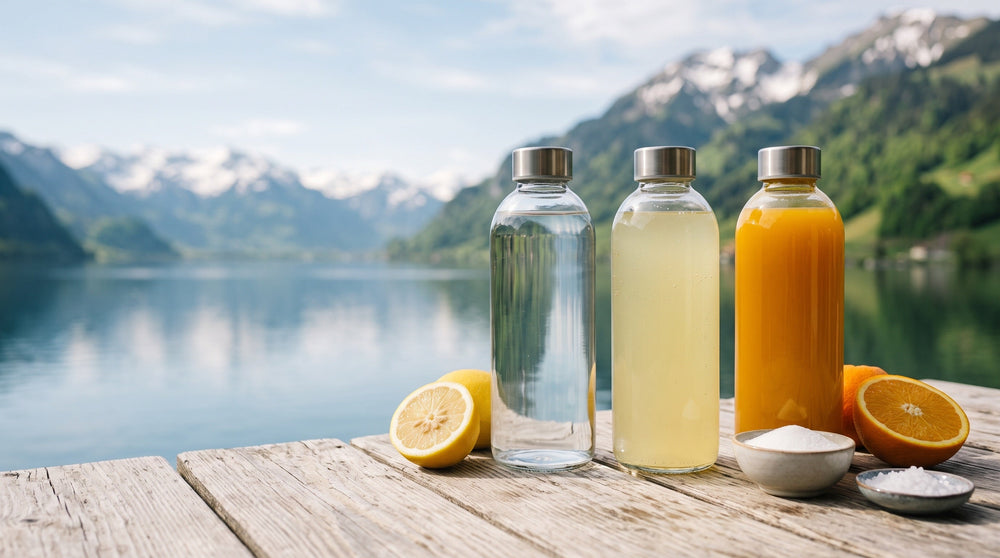 Trois gourdes en verre au bord d'un lac alpin : eau claire, boisson jaune pâle et jus d'orange, avec citron, orange, sucre et sel sur une table en bois