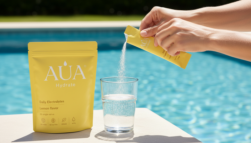 Moment d'été au bord de l'eau avec un verre d'AUA Hydrate Citron