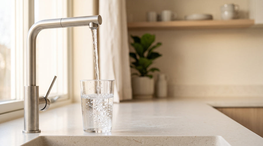 Verre rempli au robinet dans une cuisine, lumière du matin — l'eau du robinet suisse au quotidien