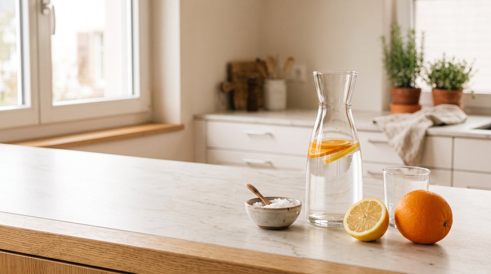Carafe d'eau aux rondelles d'orange, demi-citron et bol de sel sur un plan de travail : les ingrédients d'une boisson électrolyte maison