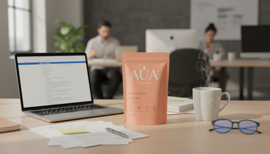 AUA Hydrate Pêche au bureau — s'hydrater pour éviter le mal de tête de fin de journée