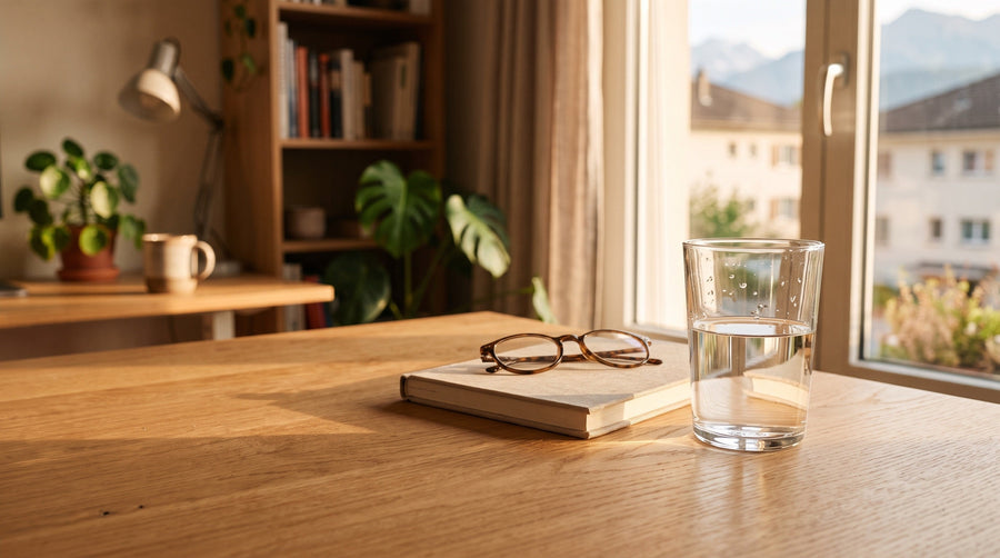 Verre d'eau à moitié vide sur un bureau en bois, lumière de fin d'après-midi : le coup de barre de 16 h